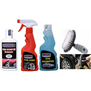 Indo Power Tyre Shiner Spray 250Ml+Car Shampoo 250Ml+ Scratch Remover 100Gm. +All Tyre Cleaning Brush Indo Power Tyre Shiner Spray 250Ml+Car Shampoo 250Ml+ Scratch Remover 100Gm. +All Tyre Cleaning Brush