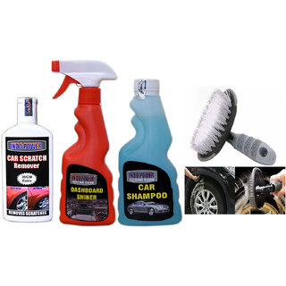                       Indo Power Dashboard  Shiner Spray 250Ml+Car Shampoo 250Ml+ Scratch Remover 100Gm. +All Tyre Cleaning Brush                                              