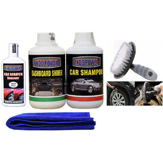 Indo Power Car Shampoo 250Ml+ Dashboard Shiner 250Ml+ Scratch Remover 100Gm. Car Microfiber Cloth +All Tyre Cleaning Brush Indo Power Car Shampoo 250Ml+ Dashboard Shiner 250Ml+ Scratch Remover 100Gm. Car Microfiber Cloth +All Tyre Cleaning Brush