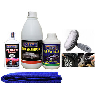                       Indo Power Car Shampoo 500Ml+  Car Wax Polish 250Ml+ Scratch Remover 100Gm. Car Microfiber Cloth +All Tyre Cleaning Brush                                              