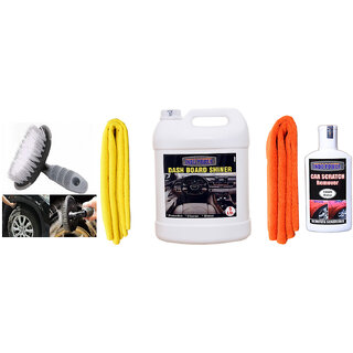                       Indo Power Dashboard Shiner 5Ltr + 2Pc Car Microfiber Cloth+  Scratch Remover 200Gm.+All Tyre Cleaning Brush                                              