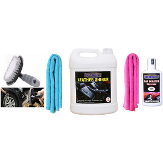                       Indo Power Leather Shiner 5Ltr+ 2Pc Car Microfiber Cloth+  Scratch Remover 200Gm.+All Tyre Cleaning Brush                                              