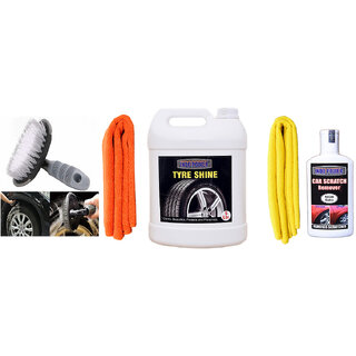                       Indo Power Tyre Shiner 5Ltr + 2Pc Car Microfiber Cloth+ Scratch Remover 200Gm.+All Tyre Cleaning Brush                                              
