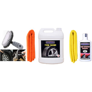 Indo Power Tyre Shiner 5Ltr + 2Pc Car Microfiber Cloth+ Scratch Remover 200Gm.+All Tyre Cleaning Brush Indo Power Tyre Shiner 5Ltr + 2Pc Car Microfiber Cloth+ Scratch Remover 200Gm.+All Tyre Cleaning Brush