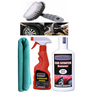                      Indo Power Dashboard Shiner Spray 250Ml+ 1Pc Car Microfiber Cloth+  Scratch Remover 200Gm.+All Tyre Cleaning Brush                                              