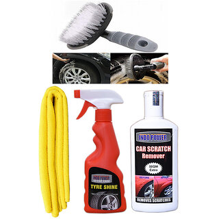                       Indo Power Tyre  Shiner Spray 250Ml + 1Pc Car Microfiber Cloth +  Scratch Remover 200Gm.+All Tyre Cleaning Brush                                              