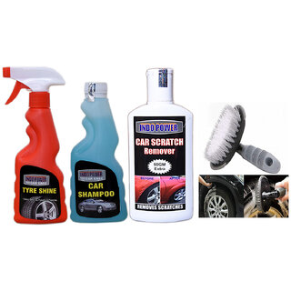                       Indo Power Tyre Shiner Spray 250Ml+Car Shampoo 250Ml+  Scratch Remover 200Gm.+All Tyre Cleaning Brush                                              