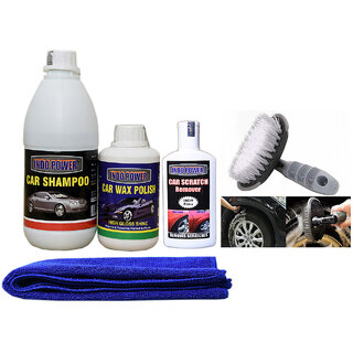                       Indo Power Car Shampoo 500Ml+  Car Wax Polish 250Ml+ Scratch Remover 200Gm . Car Microfiber Cloth+All Tyre Cleaning Brush                                              