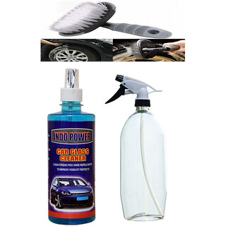                       Indo Power Car Glass Cleaner 500Ml. + Multipurpose Car Wash Bottle Black Nozzle Spray  .+All Tyre Cleaning Brush                                              