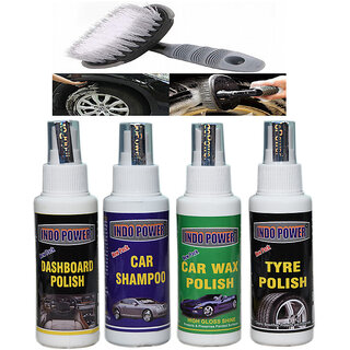                       Indo Power Dashboad Polish 100Ml.+Tyre Polish 100Ml.+Car Shampoo 100Ml.+ Cae Wax Polish 100Ml.+All Tyre Cleaning Brush                                              