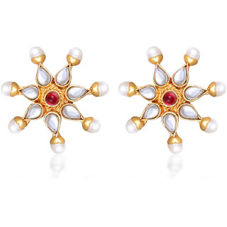                       Polki Red Stone & Moti studded alloy Stud Earring for Women and Girls- (VFJ1466ERG-WHITE)                                              