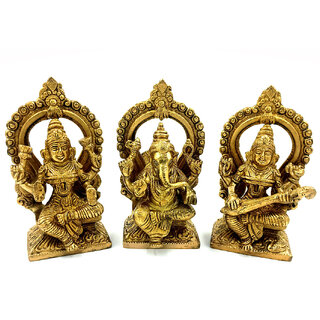                       Arihant Craft Hindu God Lakshmi Ganesha Saraswati Idol Statue Sculpture Hand Work Showpiece  15 cm (Brass, Gold)                                              