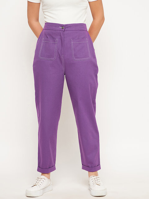 Women Cotton Trouser Regular Fit Casual Trouser Pants  Purple  Skytick