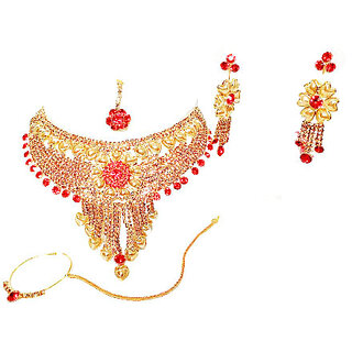                       Stone Gold Plated Necklace Set Earrings with Maang Tikka + Nath                                              