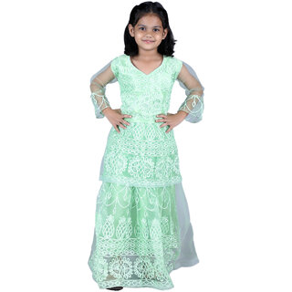                       Kid Kupboard | Girl's | Dress | Round Neck | Casual | Full-Sleeves | Pure Cotton | Light Green | Pack of 1 | Regular-Fit                                              