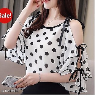                       RWT-01019 WhitePolka Dott Flared Sleeves Cold Shoulder Top                                              