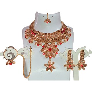 Stone Gold Plated Necklace Set Earrings with Maang Tikka + Nath Stone Gold Plated Necklace Set Earrings with Maang Tikka + Nath