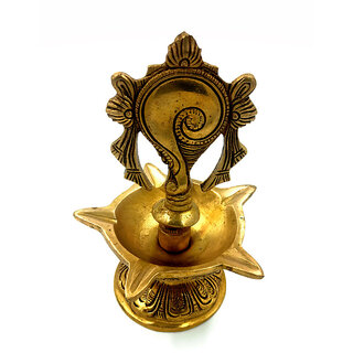                       Arihant Craft Brass Shankha Villaku, Shankh Traditional Oil Lamp for Pooja, Aarti, Showpiece Hand Work   17 cm (Brass,                                              
