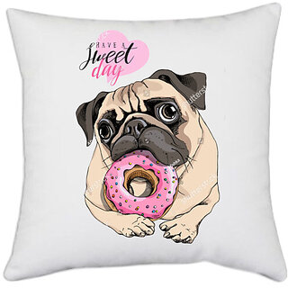                      UDNAG White Polyester 'Pug & Doughnut | Pug with Pink Round Doughnut' Pillow Cover [16 Inch X 16 Inch]                                              