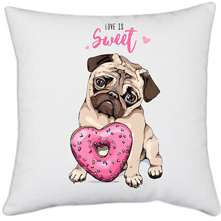                       UDNAG White Polyester 'Pug & Doughnut | Pug with Pink Heart Doughnut' Pillow Cover [16 Inch X 16 Inch]                                              