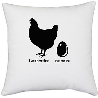                       UDNAG White Polyester 'Chicken & egg | Story of Chicken and Egg' Pillow Cover [16 Inch X 16 Inch]                                              