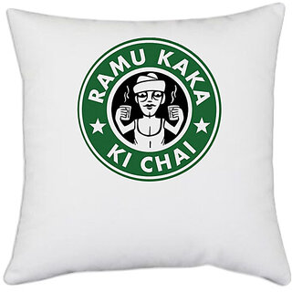                       UDNAG White Polyester 'Chai | Ramu Kaka Ki Chai' Pillow Cover [16 Inch X 16 Inch]                                              