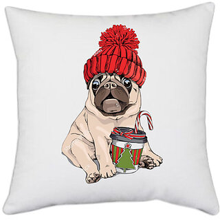                       UDNAG White Polyester 'Christmas | Christmas Pug' Pillow Cover [16 Inch X 16 Inch]                                              