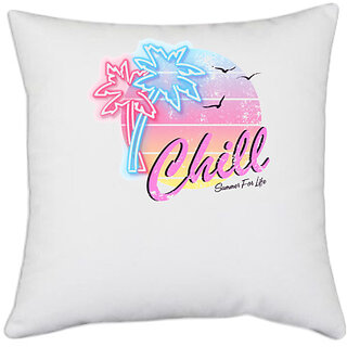                       UDNAG White Polyester 'Summer | chill' Pillow Cover [16 Inch X 16 Inch]                                              