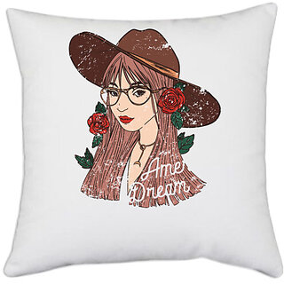                       UDNAG White Polyester 'Aamerican Dream | Girl and rose' Pillow Cover [16 Inch X 16 Inch]                                              