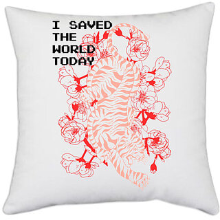                       UDNAG White Polyester 'I save the world today' Pillow Cover [16 Inch X 16 Inch]                                              