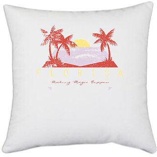                       UDNAG White Polyester 'Beach | Sea and coconut tree' Pillow Cover [16 Inch X 16 Inch]                                              