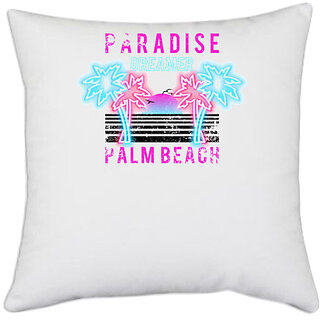                       UDNAG White Polyester 'Beach | paradise palm beach' Pillow Cover [16 Inch X 16 Inch]                                              