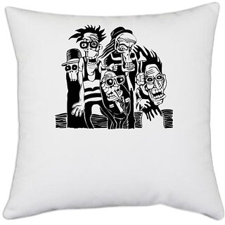                       UDNAG White Polyester 'Skeleton party' Pillow Cover [16 Inch X 16 Inch]                                              