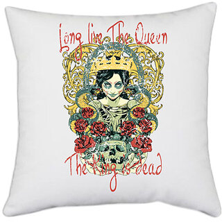 UDNAG White Polyester 'Qween and King | Long live the qween, The king is dead' Pillow Cover [16 Inch X 16 Inch]