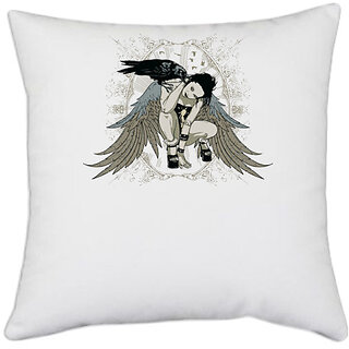                       UDNAG White Polyester 'Death | Crow and fairy queen' Pillow Cover [16 Inch X 16 Inch]                                              