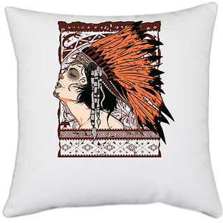                       UDNAG White Polyester 'Red Indian | Redindian lady' Pillow Cover [16 Inch X 16 Inch]                                              