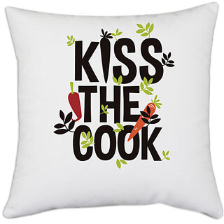                       UDNAG White Polyester 'Cook | Kiss the cook' Pillow Cover [16 Inch X 16 Inch]                                              
