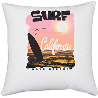                       UDNAG White Polyester 'California | Surf California' Pillow Cover [16 Inch X 16 Inch]                                              
