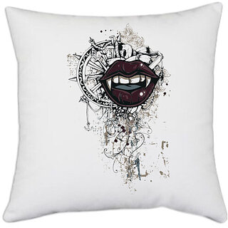                       UDNAG White Polyester 'Wheel and Mouth' Pillow Cover [16 Inch X 16 Inch]                                              