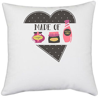                       UDNAG White Polyester 'Heart | Made of Sugar spice everything nice' Pillow Cover [16 Inch X 16 Inch]                                              