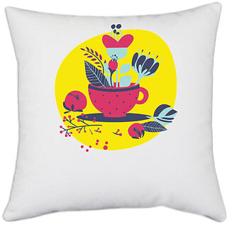                       UDNAG White Polyester 'Flowers | Flower pot' Pillow Cover [16 Inch X 16 Inch]                                              