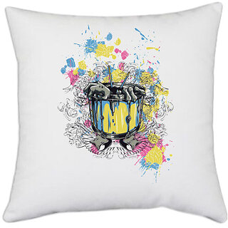                       UDNAG White Polyester 'Musical Instrument | Gaitar, drum and Death' Pillow Cover [16 Inch X 16 Inch]                                              