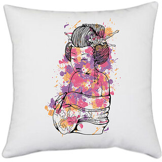                       UDNAG White Polyester 'Japanese | Japanese Lady illustration' Pillow Cover [16 Inch X 16 Inch]                                              