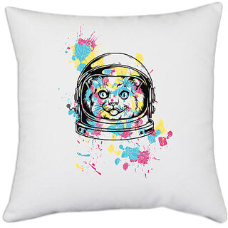                       UDNAG White Polyester 'Astronaut | Astronaut Cat' Pillow Cover [16 Inch X 16 Inch]                                              