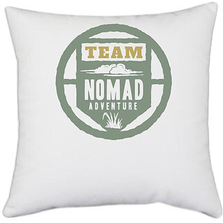                       UDNAG White Polyester 'Team NOMAD adventure' Pillow Cover [16 Inch X 16 Inch]                                              
