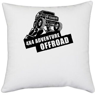                       UDNAG White Polyester 'Adventure offroad' Pillow Cover [16 Inch X 16 Inch]                                              