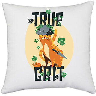                       UDNAG White Polyester 'Cat | true Cat Grit' Pillow Cover [16 Inch X 16 Inch]                                              