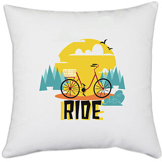                       UDNAG White Polyester 'Cycle Ride | Morning cycle ride' Pillow Cover [16 Inch X 16 Inch]                                              