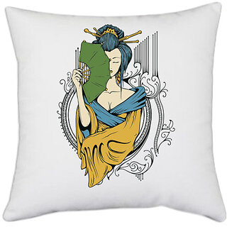                       UDNAG White Polyester 'Japanese | Japanese Lady' Pillow Cover [16 Inch X 16 Inch]                                              