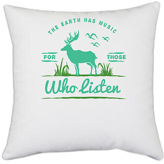                       UDNAG White Polyester 'Deer and Earth' Pillow Cover [16 Inch X 16 Inch]                                              